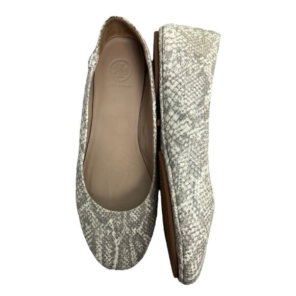 TORY BURCH Travel T Snake Embossed Sparkling Leather Ballet Flats Roccia 9M - Picture 12 of 12